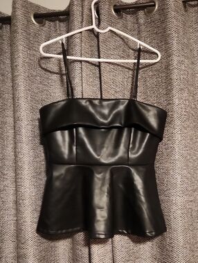 TCEC Black Faux Leather Peplum Top